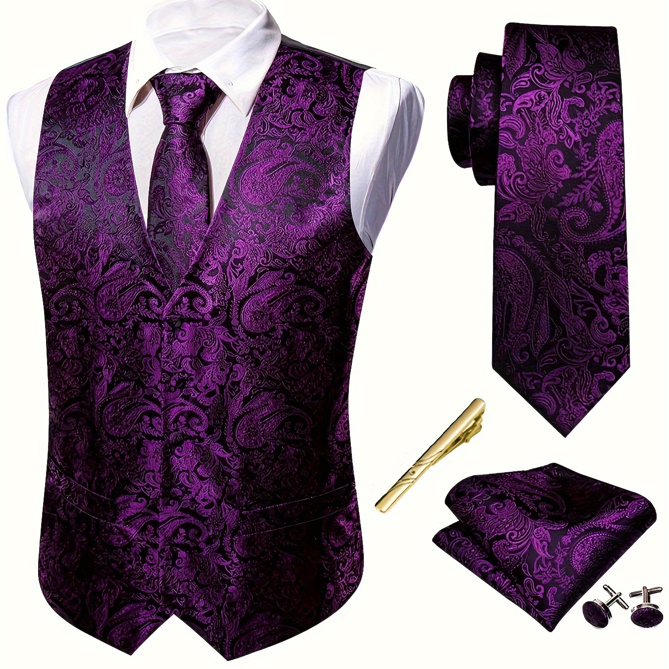 

Plus Size Men's Purple Paisley Pattern Jacquard V Neck Vest Suit, Waistcoat Necktie Square Hanky Cufflinks Tie 5pcs Set, For Wedding Suit Set