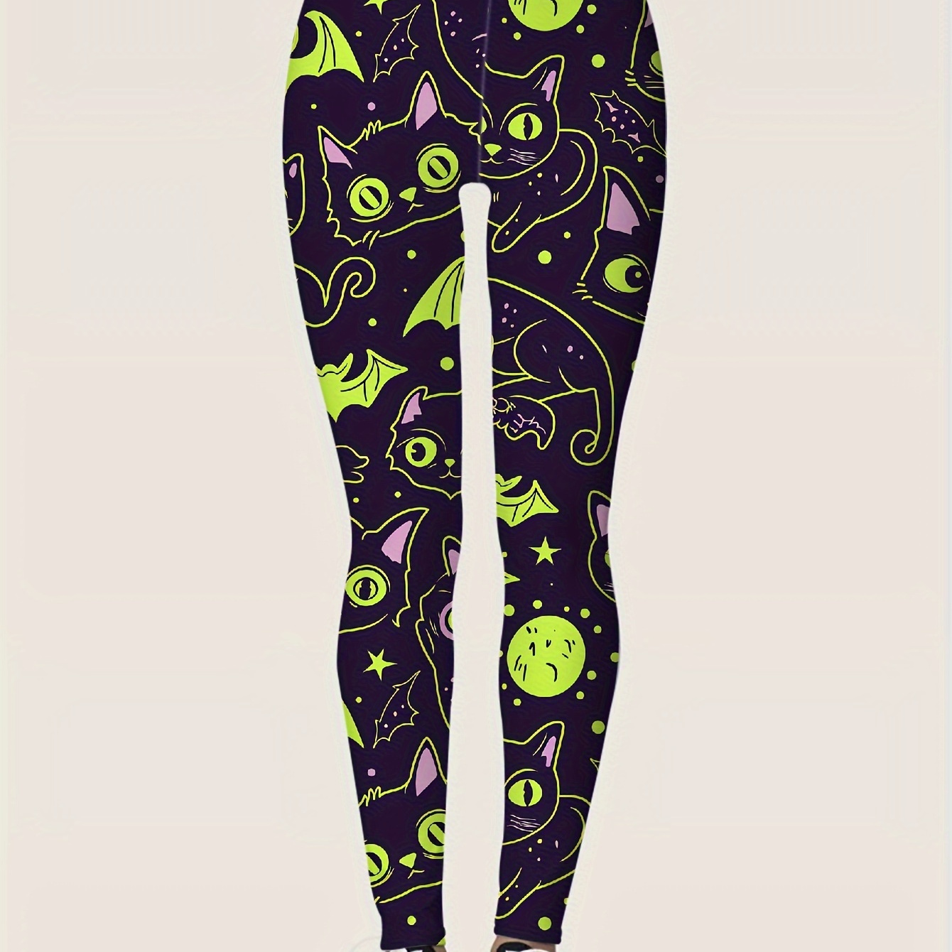 

Cat Print High Waist Leggings, Casual Skinny Stretchy Leggings, Women's Clothing