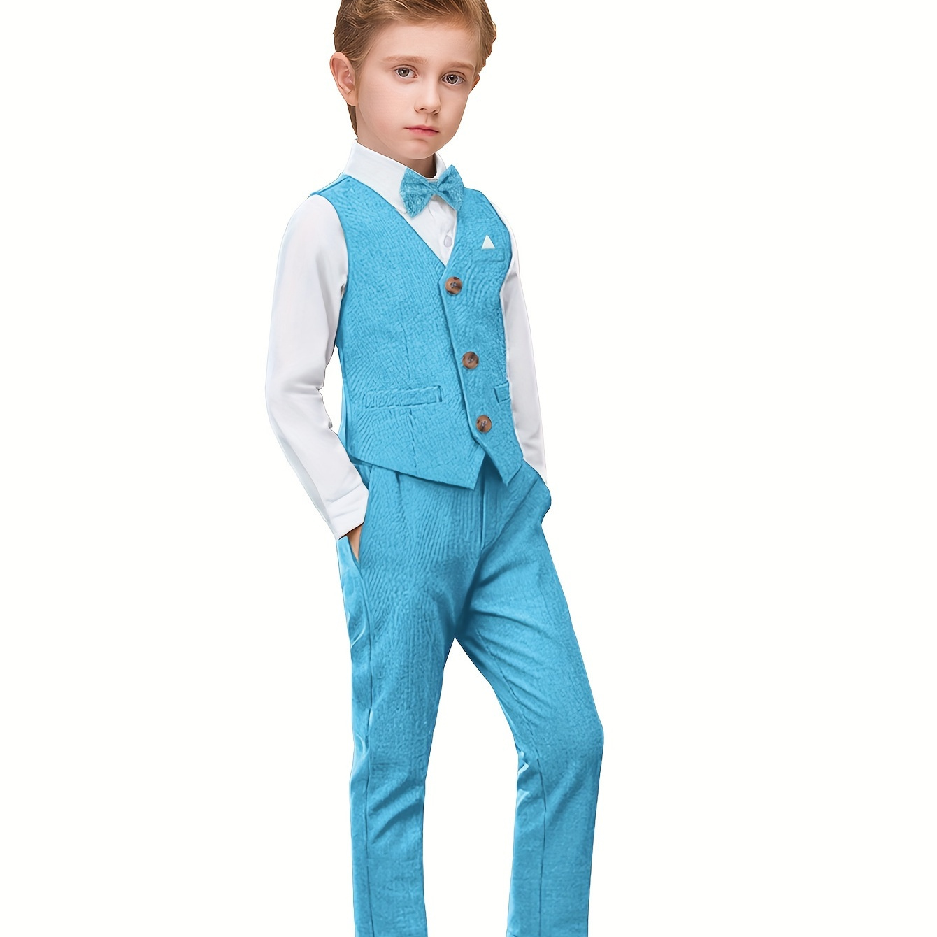 

Boys' 4pcs Teal Blazer Set - Formal Shirt, Pants, Bow Tie & Suspenders - Cotton/polyester , Machine Washable - Ideal For Weddings, Easter, Christmas Photos