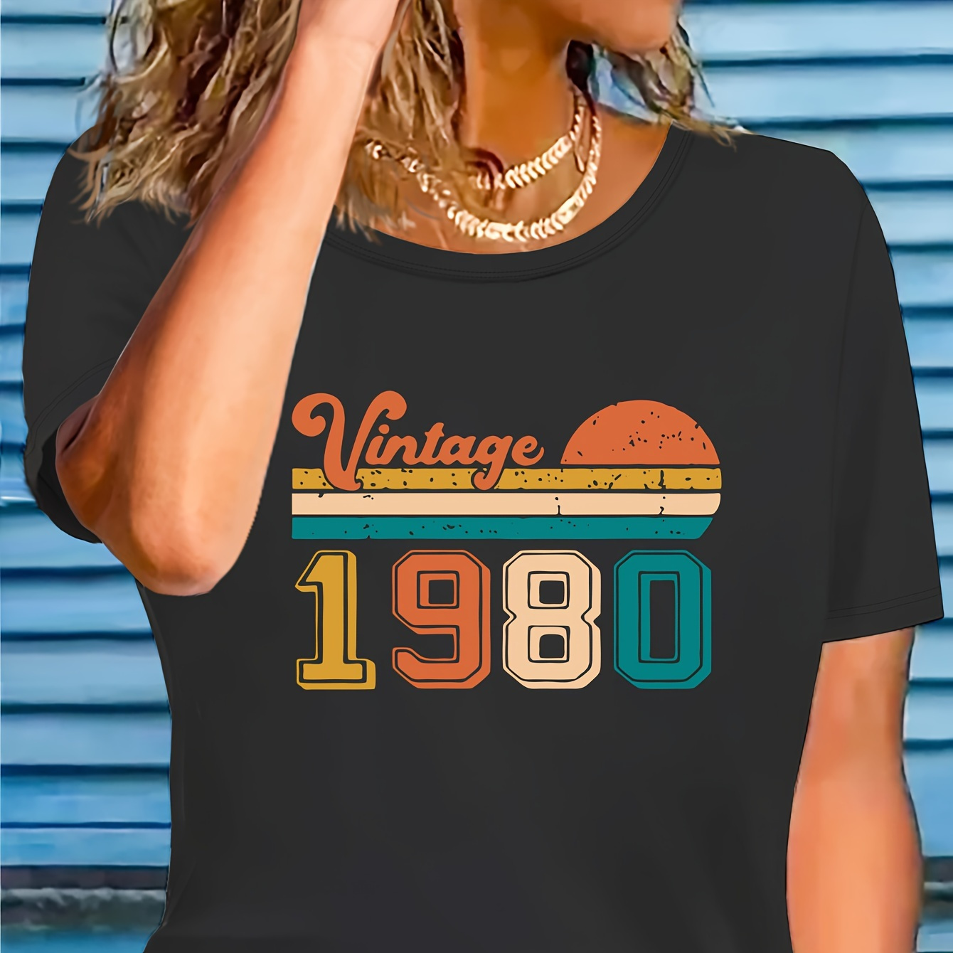 

Vintage 1980 T-shirt imprimé, haut décontracté à manches courtes et col rond pour l'été et le printemps, vêtements pour femmes