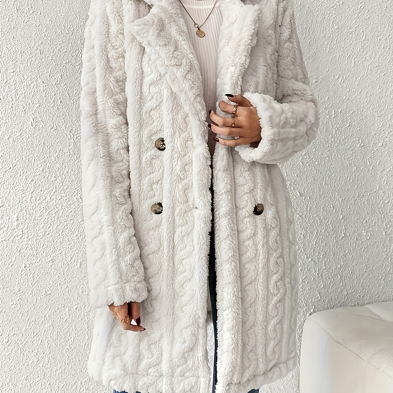 

Double Breasted Lapel Teddy Coat, Long Sleeve Textured Thermal Winter Outwear, Women's Clothing