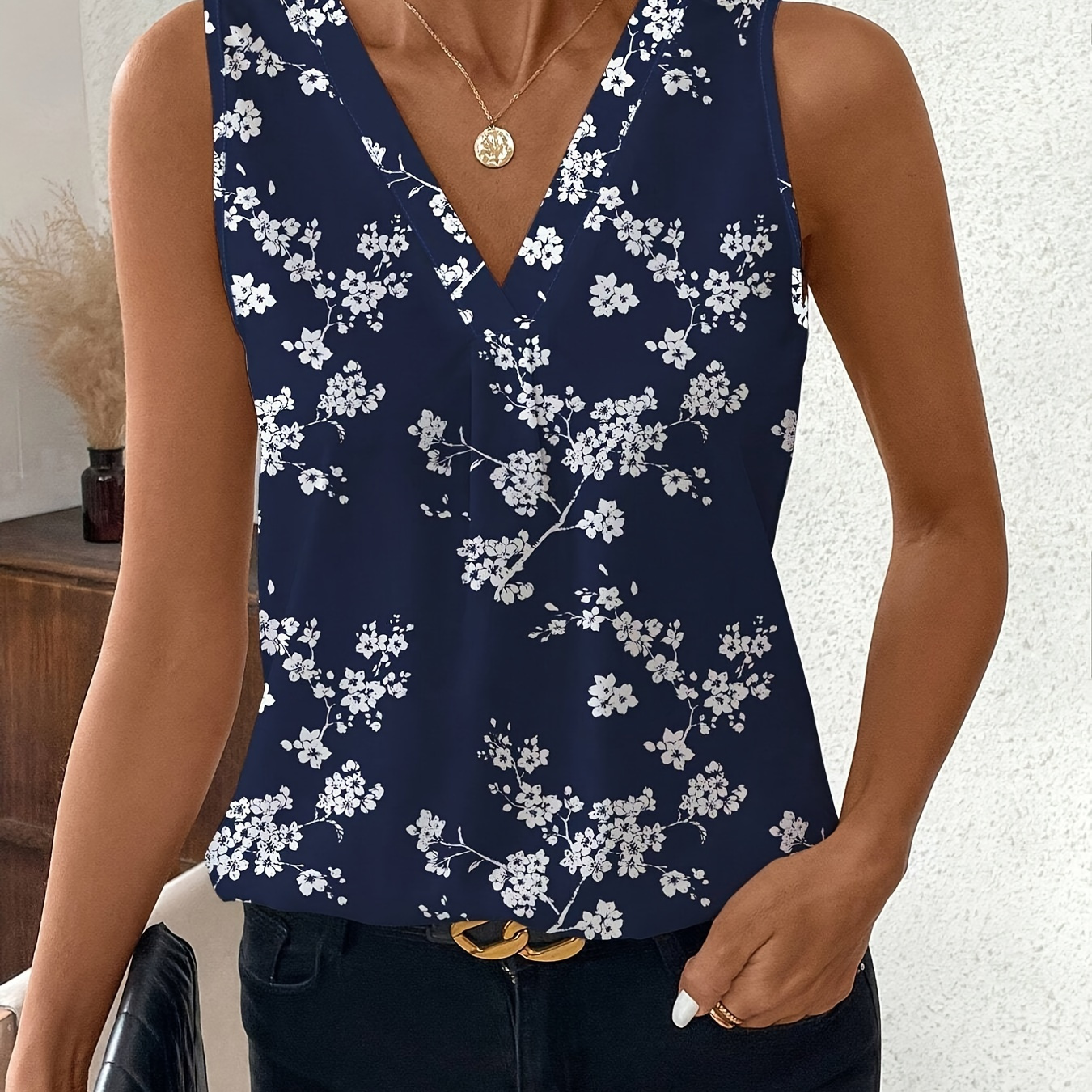 

Blouse Manches à Imprimé Floral Bleu Marine pour Femme - Polyester Léger, Haut d'Été Décontracté, Lavable en Machine, Blouse à Imprimé Floral