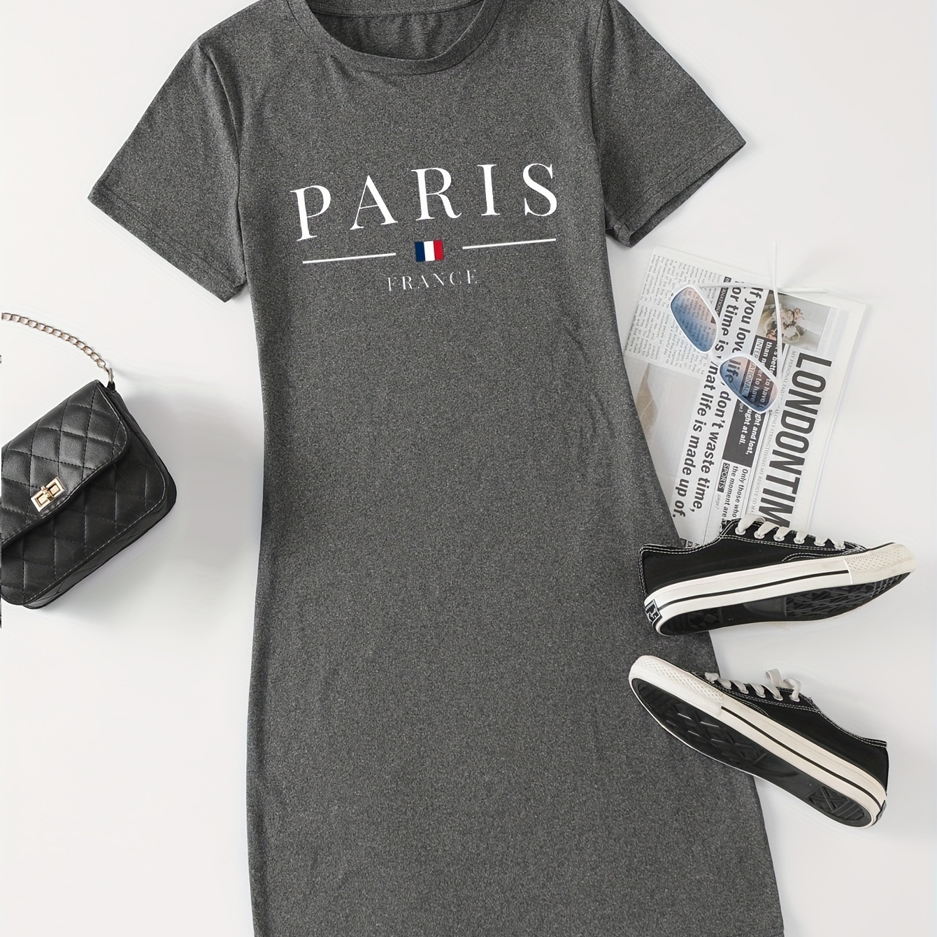 

Letter Print Bodycon Dress, Chic Short Sleeve Dress For Spring & Summer, Women's Clothing