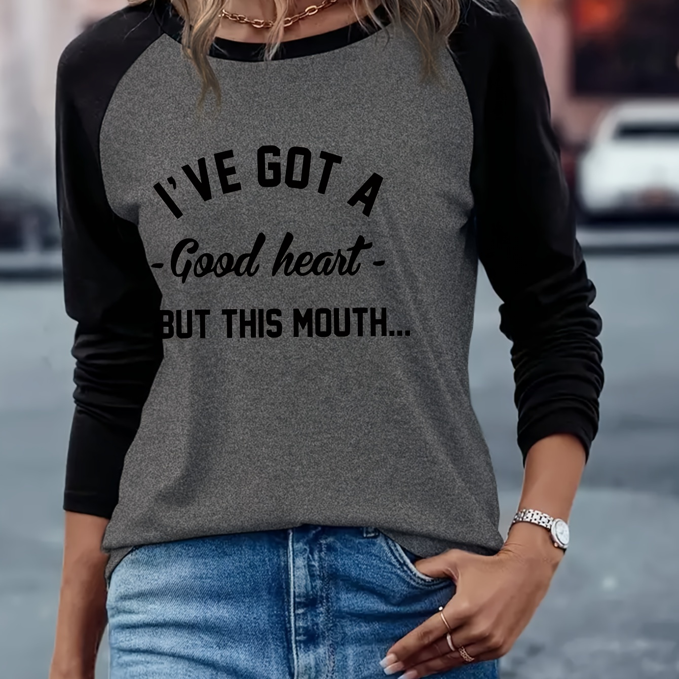 

Women's Casual Crew Neck Raglan Long Sleeve T-shirt With "i've Got A Good Heart But This Mouth..." Slogan Print, 95% Polyester 5% Spandex Knit Fabric, Regular Fit Spring/fall Top