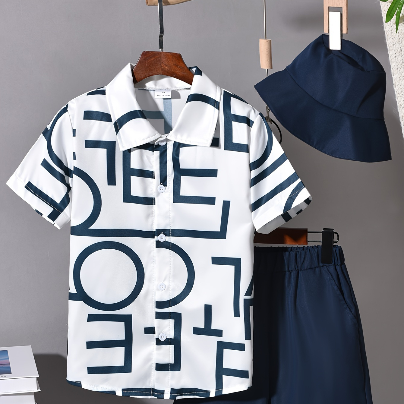 

2pcs Boys Casual Letter Graphic Print Short Sleeve Lapel Shirt & Shorts & Hat Set, Comfy Summer Boys Clothing