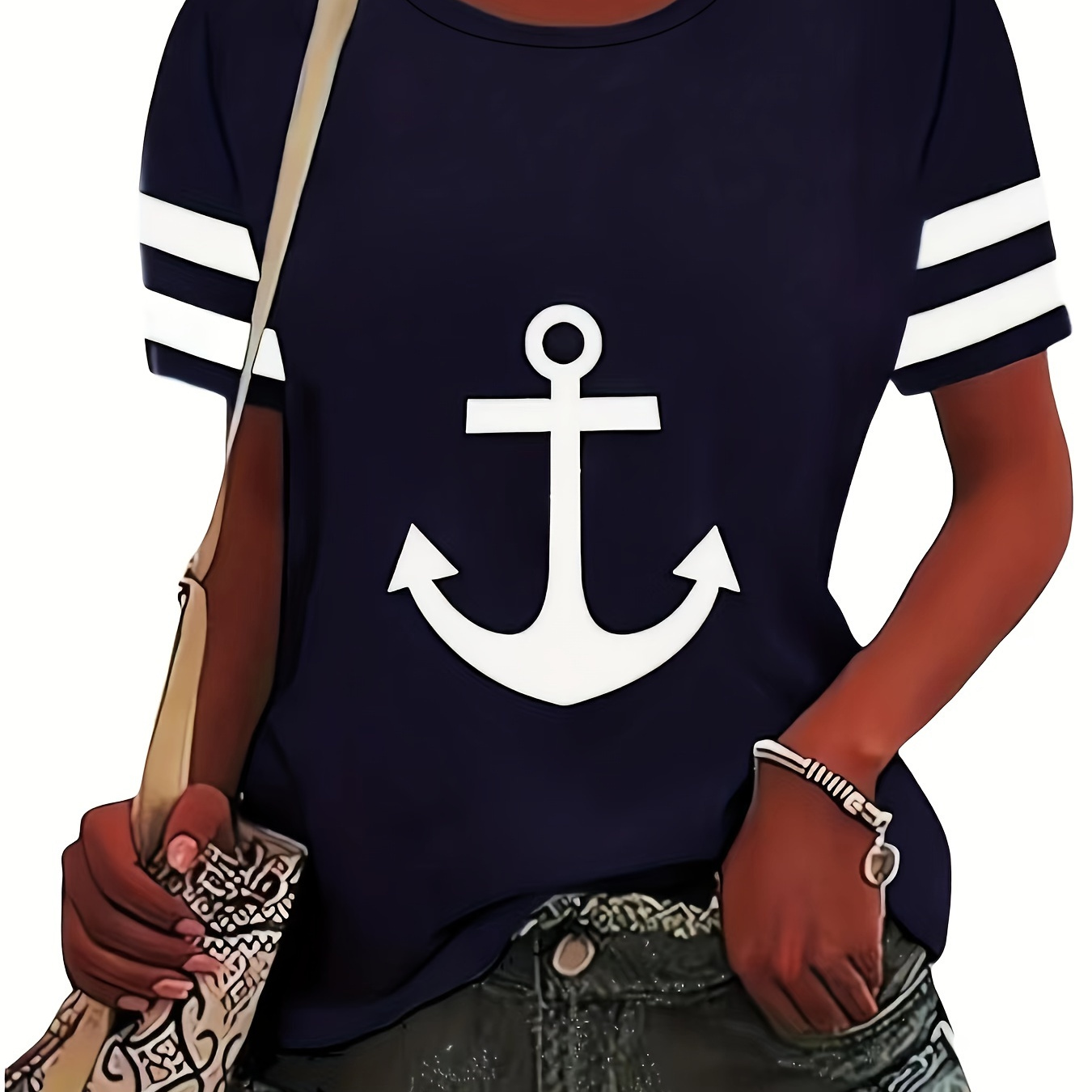 

Anchor Print Crew Neck T-shirt, Casual Short Sleeve Top For Spring & Summer, Women's Clothing