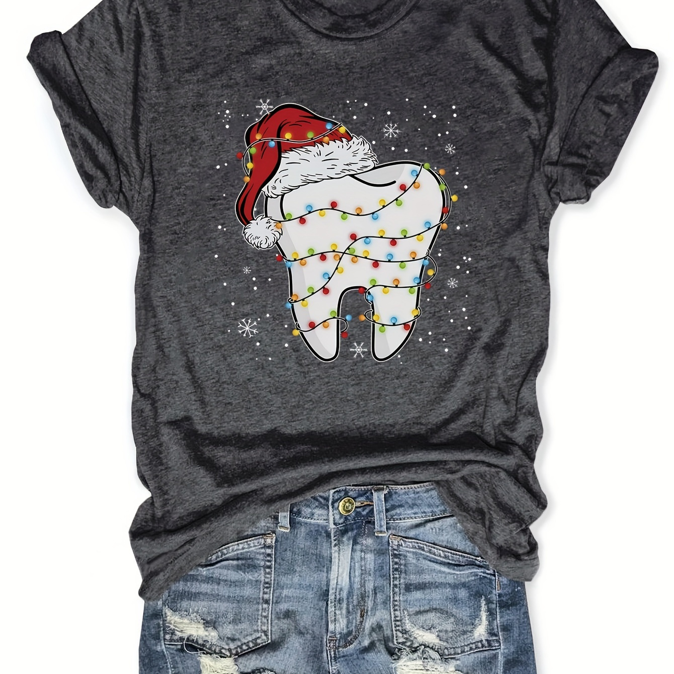 

Christmas Teeth Print Crew Neck T-shirt, Casual Short Sleeve Top For Spring & Summer, Women's Clothing