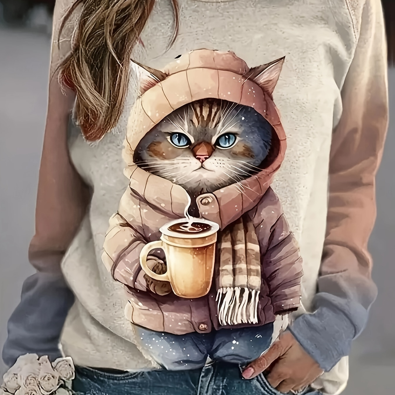 

Cat Print Sweatshirt, Crew Neck Casual Sweatshirt For Winter & Fall, Women's Clothing