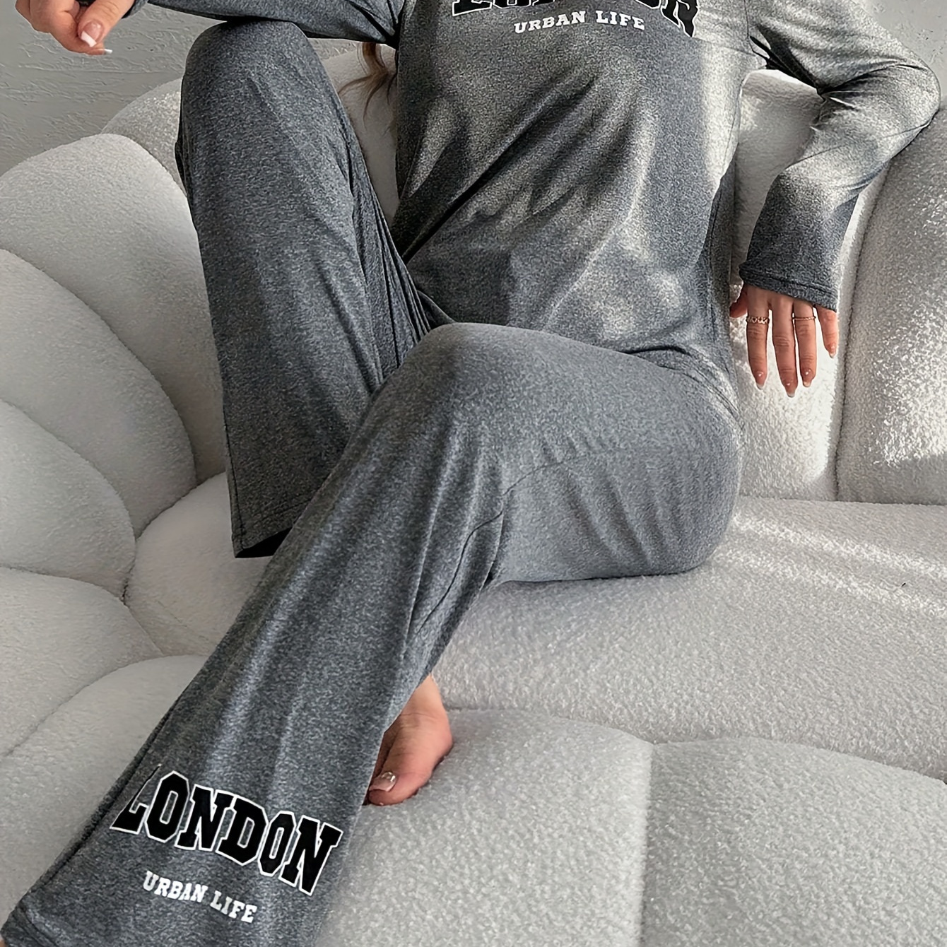 

Women' Casual Pajama Set, Grey Long Sleeve And Pants With Cartoon Print, Round Neck, Polyester Knit, Adult Sleepwear, Home Loungewear