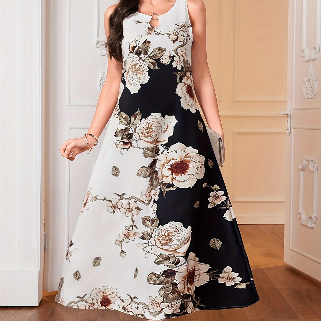 

Floral Print Pocket Dress, Casual Pocket Waist Summer Swing Long Dresses, Women's Clothing