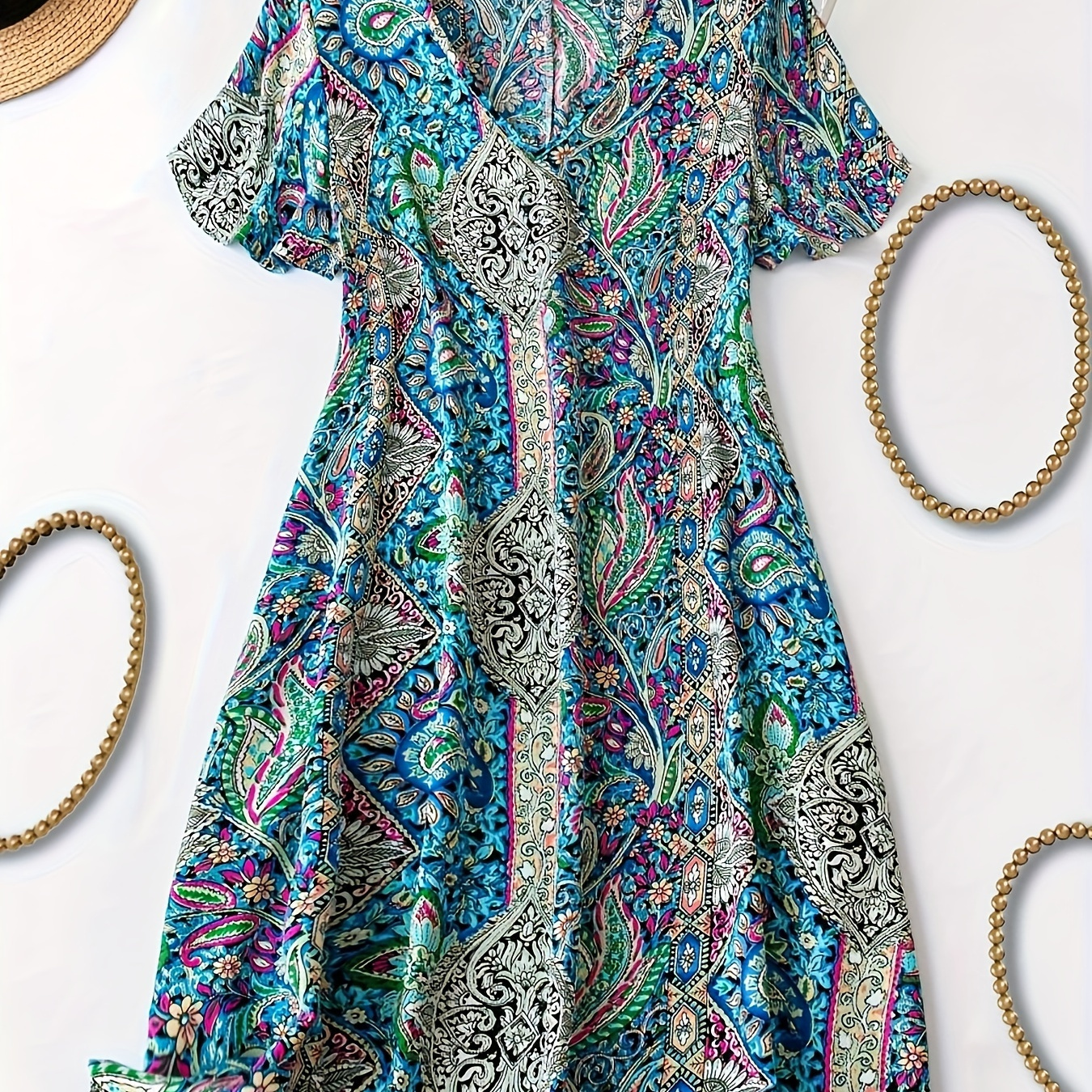 

Elegant Paisley Print Mid-length Dress - Women's Plus Size H-fit V-neck Sleeveless Polyester Dress For Spring/fall, Casual Outfit, Woven, Pad