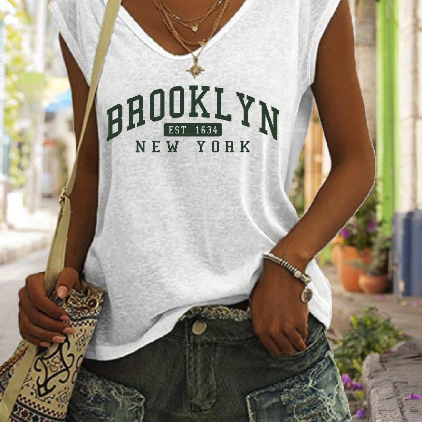 

Brooklyn Letter Print Tank Top, Cap Sleeve Casual Top For Summer & Spring, Women's Clothing
