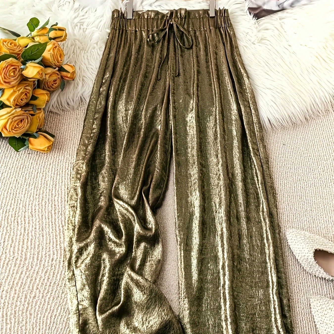 

Women's Elegant Wide Leg Pants, Polyester, Solid Color, Long Length, Waistband, Casual Loose Fit, Adult Fashion Trousers