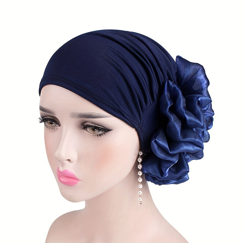 

Navy Blue Elastic Turban Hat 3d Flower Pleated Chemo Cap Head Wrap Bonnet Women Bandana Beanies