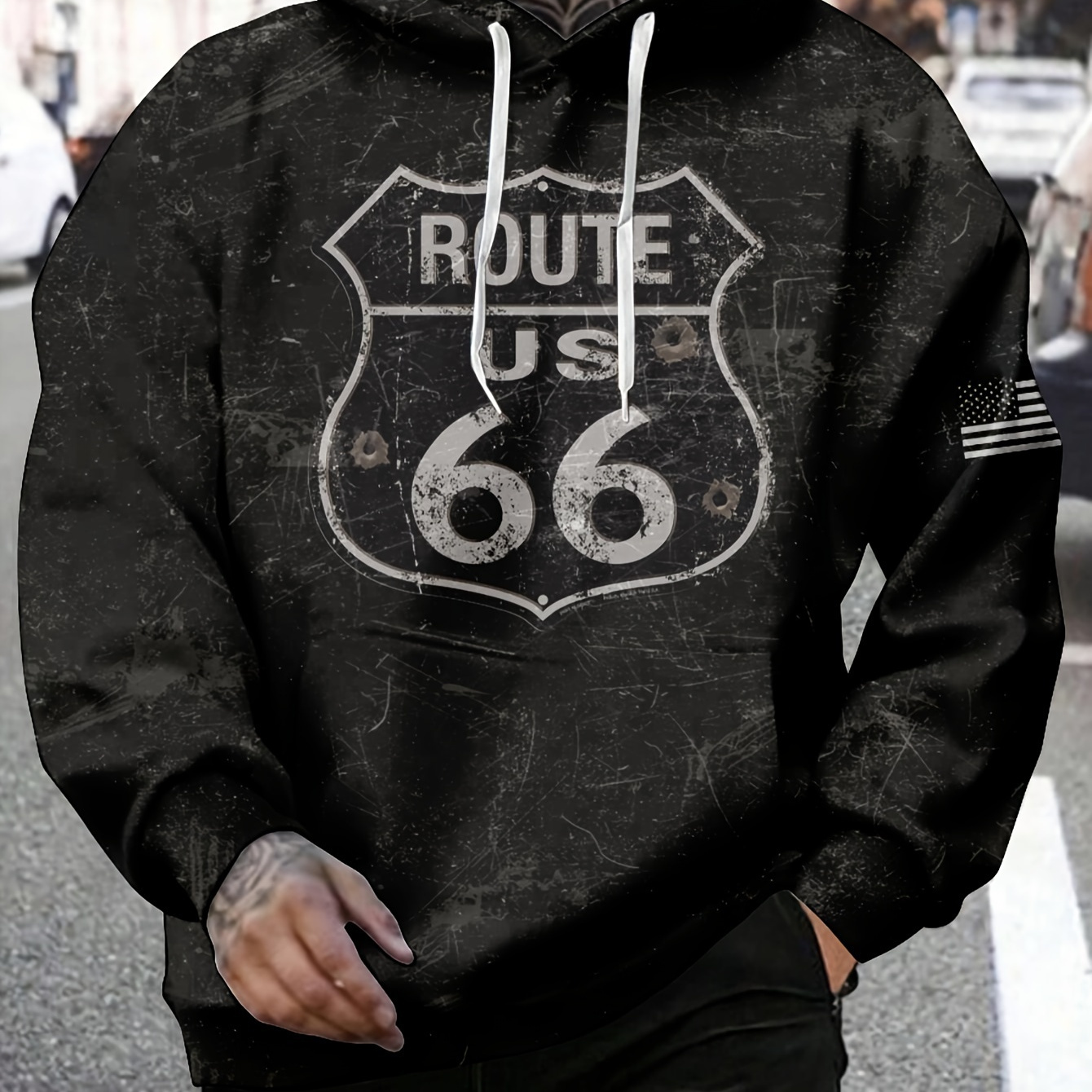 

Men' Route 66 Hoodie - 3d Printed Pullover With Kangaroo Pocket, Stretch Polyester , Machine Washable - Elegant Fall/ Sweatshirt