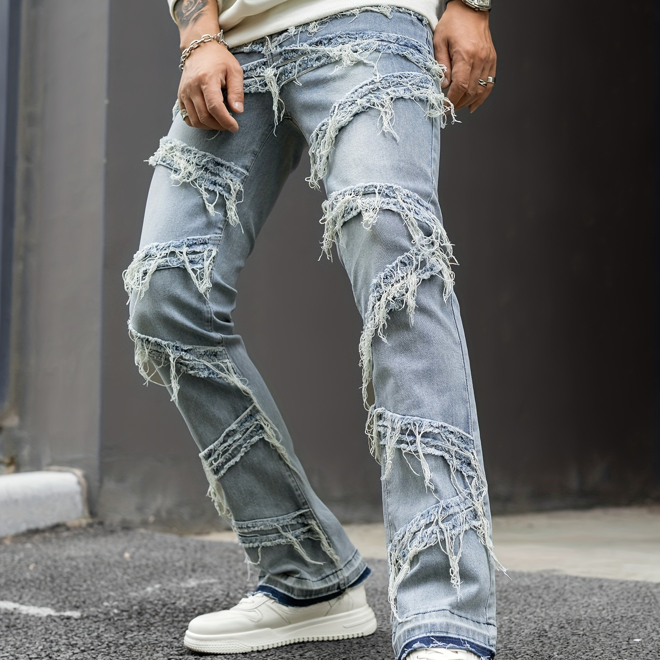 

Hip Hop Style Jeans With Creative Tassels, Men's Casual Street Style High Stretch Jeans