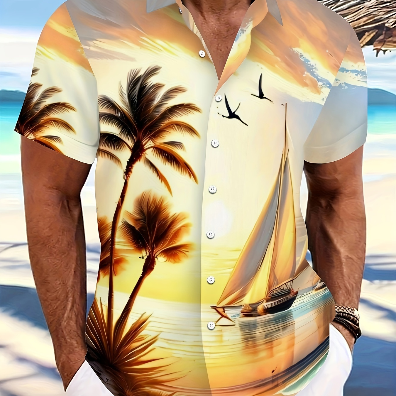 

Men's Summer Hawaiian Button-down Shirt - Polyester Spandex Blend, Casual Lapel Collar, Non-stretch, Geometric Tropical Beach Print, Short Sleeve, Regular Fit Woven Shirt