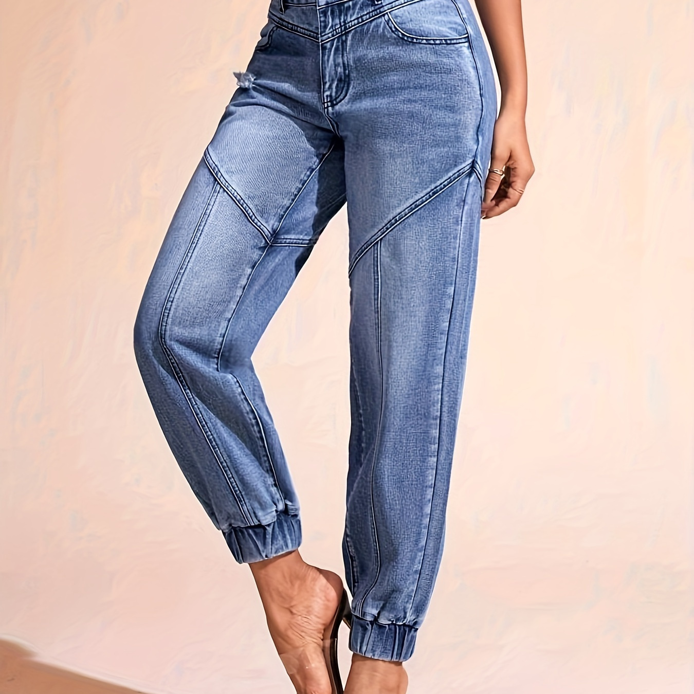 

Women's Stylish Casual Denim Jeans, Jogger Style With Elastic Cuffs And Distressed Ripped Detail, Versatile Blue Pants For Everyday Wear