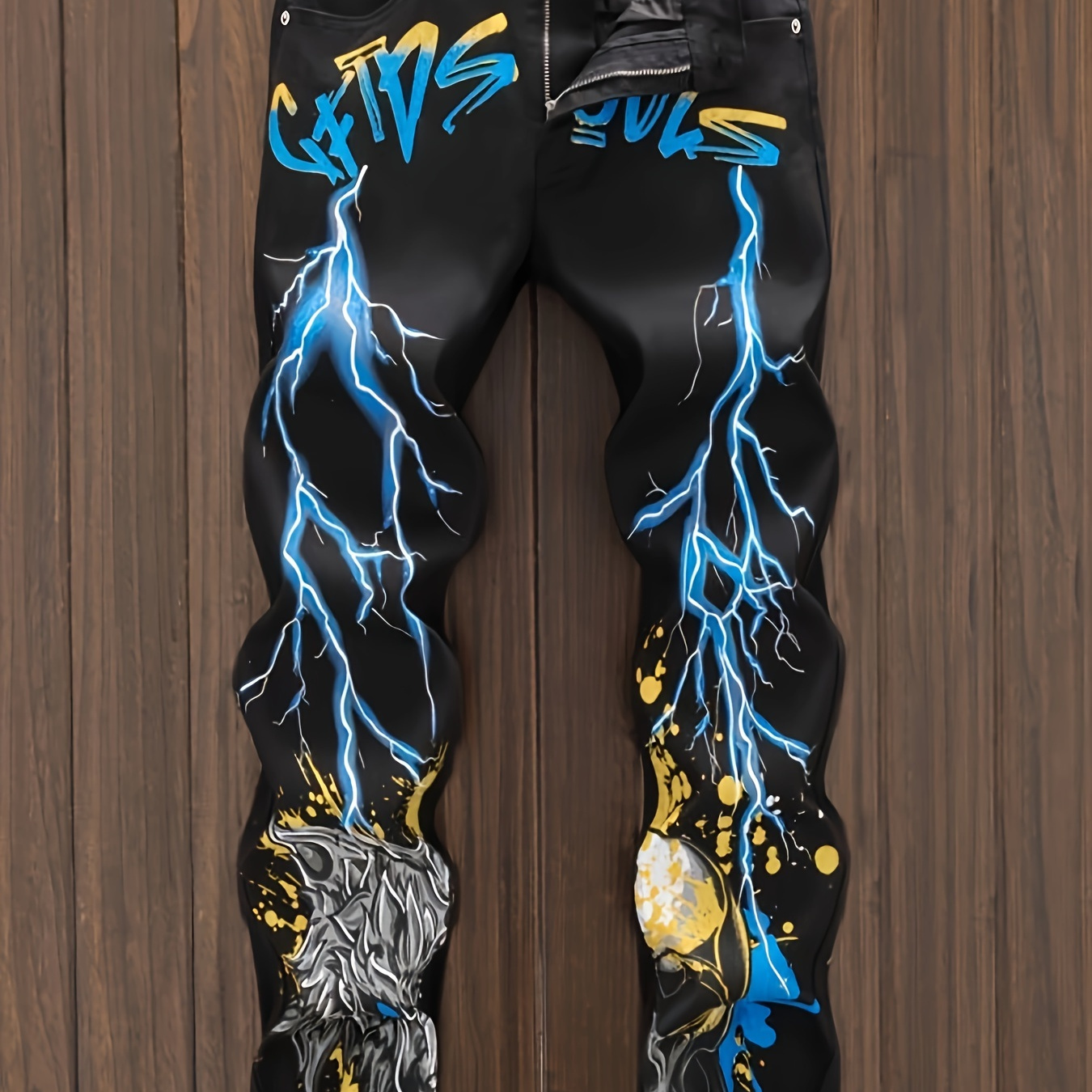 

Men's Graffiti Style Golf And Pattern And Letter Print Denim Jeans With Pockets, Cool And Stylish Slim Fit Cuffed Pants For Men's Street Wear