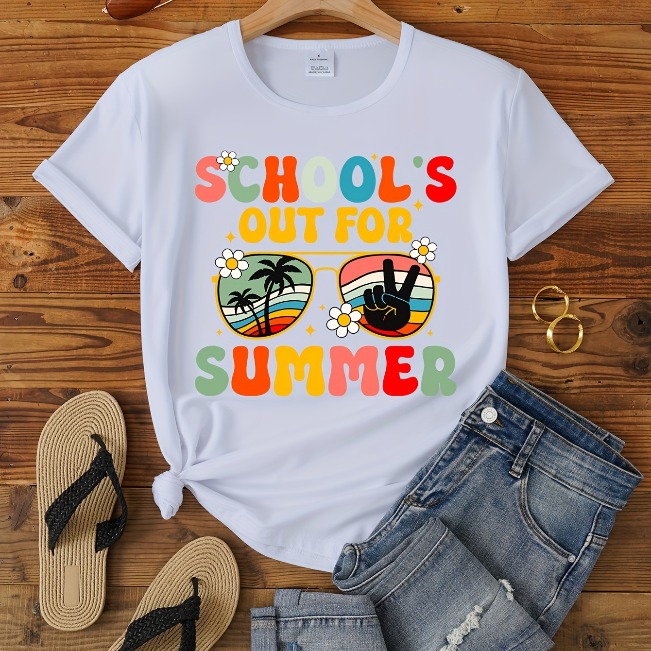 

School Summer Print Crew Neck T-shirt, Short Sleeve Casual Top For Summer & Spring, Women's Clothing