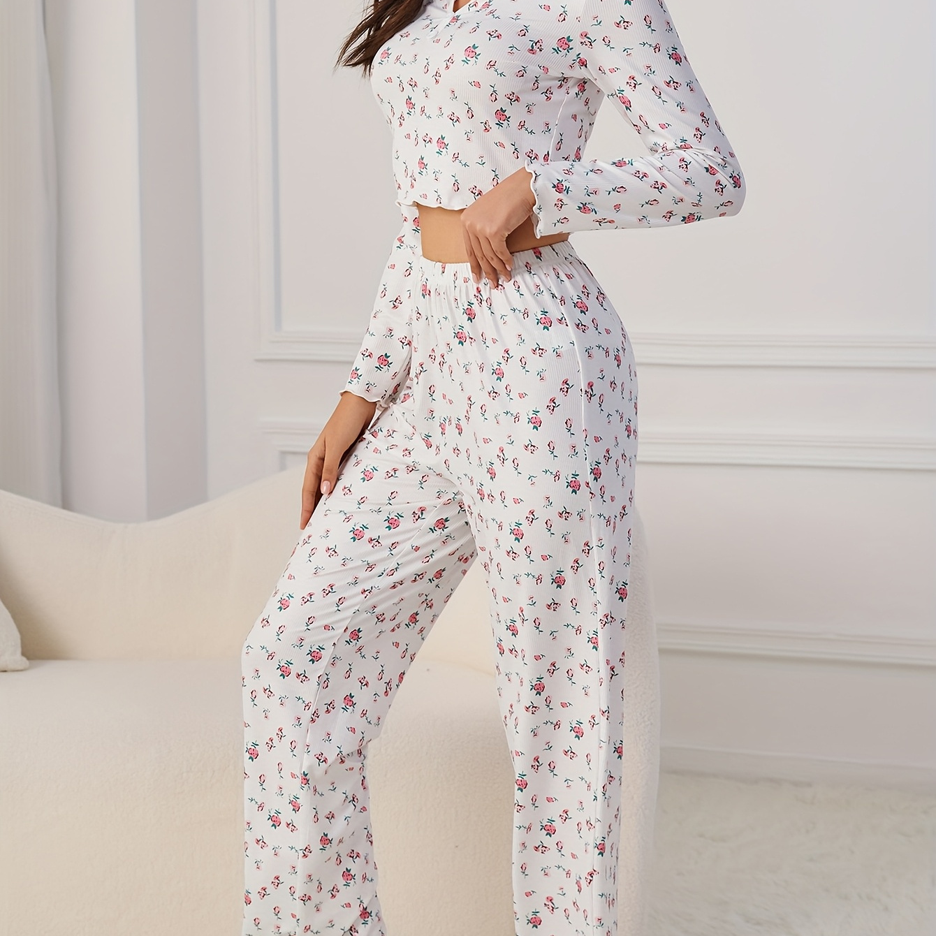 

Women's Elegant Ditsy Floral Print Ribbed Trim Pajama Set, Long Sleeve Notched Neck Top & Pants, Comfortable Relaxed Fit For Fall