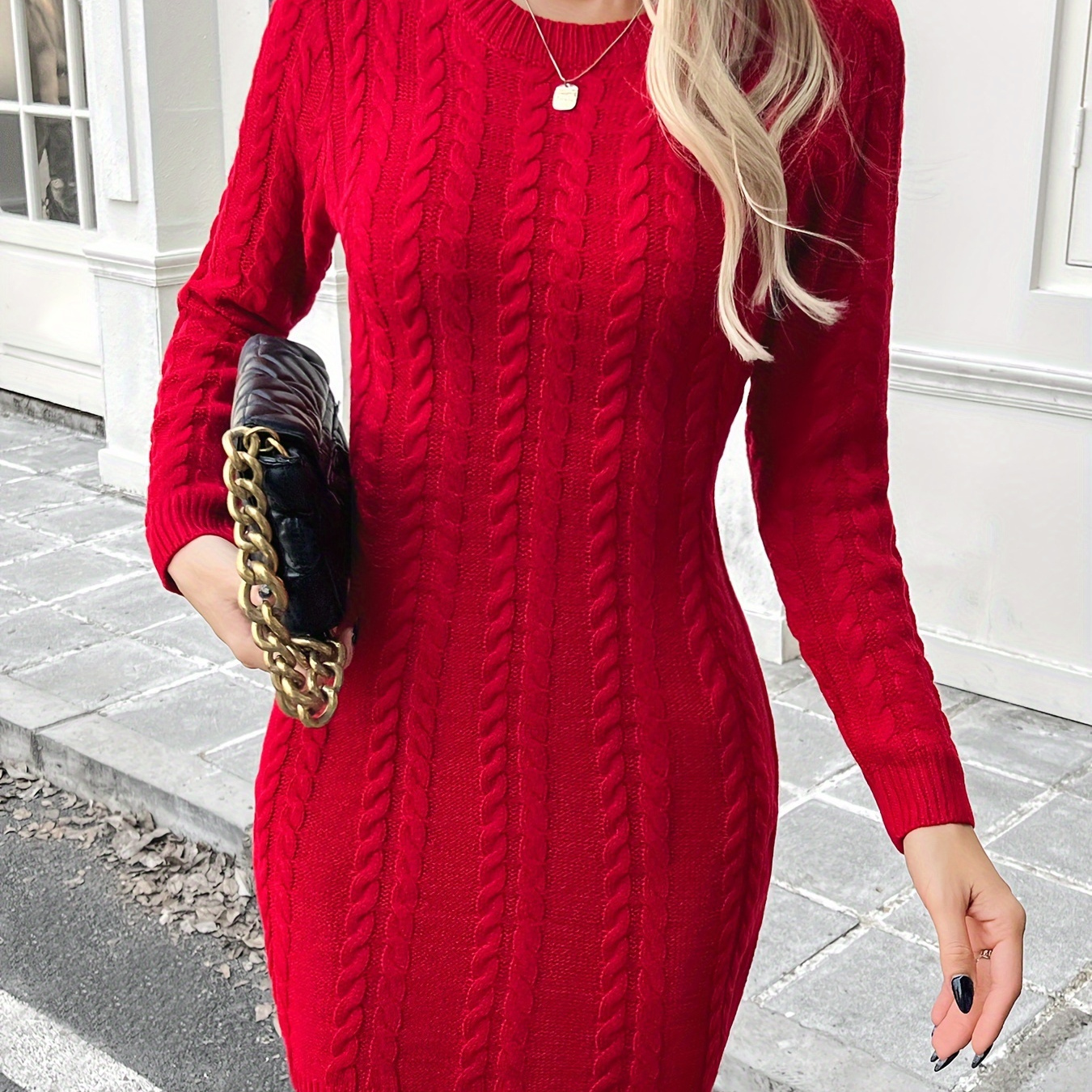 

Elegant Cable Knit Sweater Dress - Long Sleeve, Round Neck, Mid-length Pencil Skirt Style, Ribbed Detail, Acrylic .0% - Fall/winter