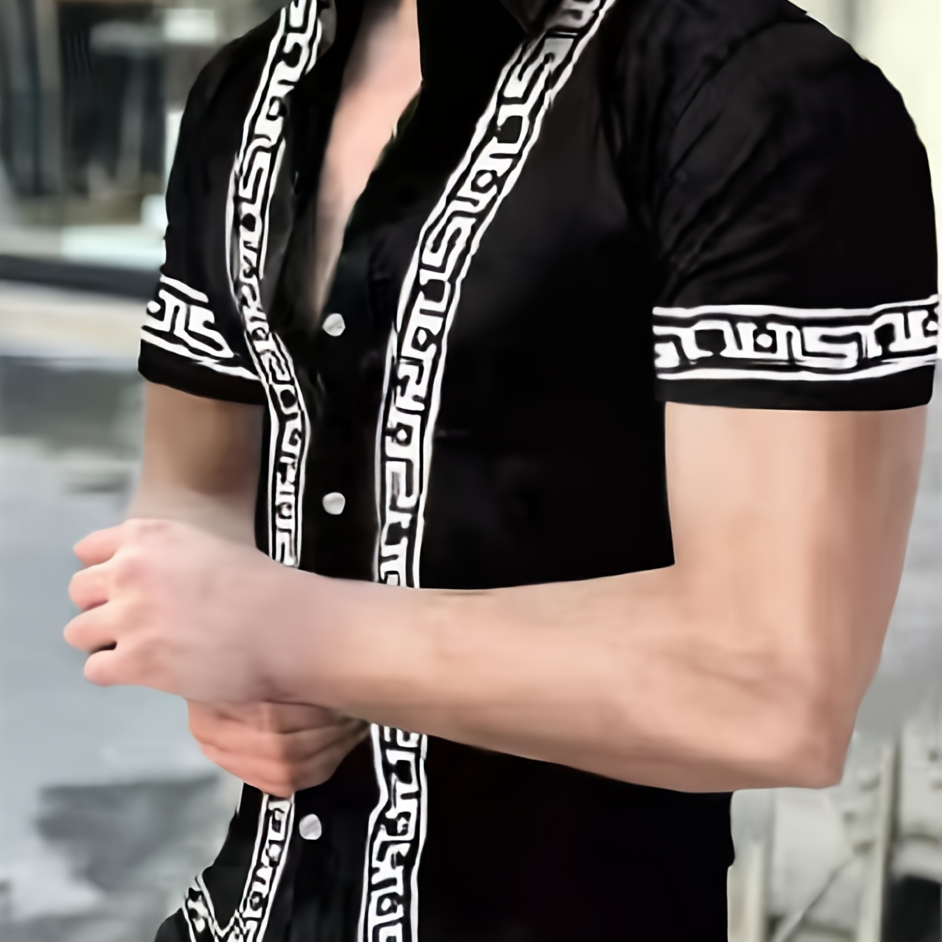 

Geometric Pattern Men's Short Sleeve Lapel Shirt, Men's Casual Summer Button Up Tops