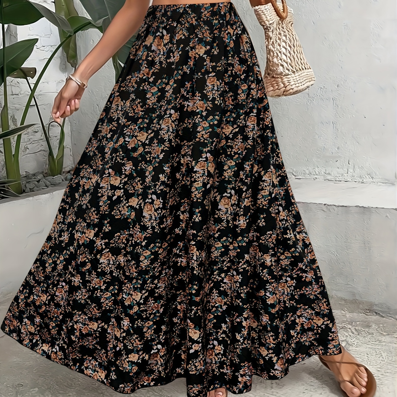 

Elegant Directional Small Floral Elastic Waist Long Skirt, Bohemian Style Women's Long Skirt.