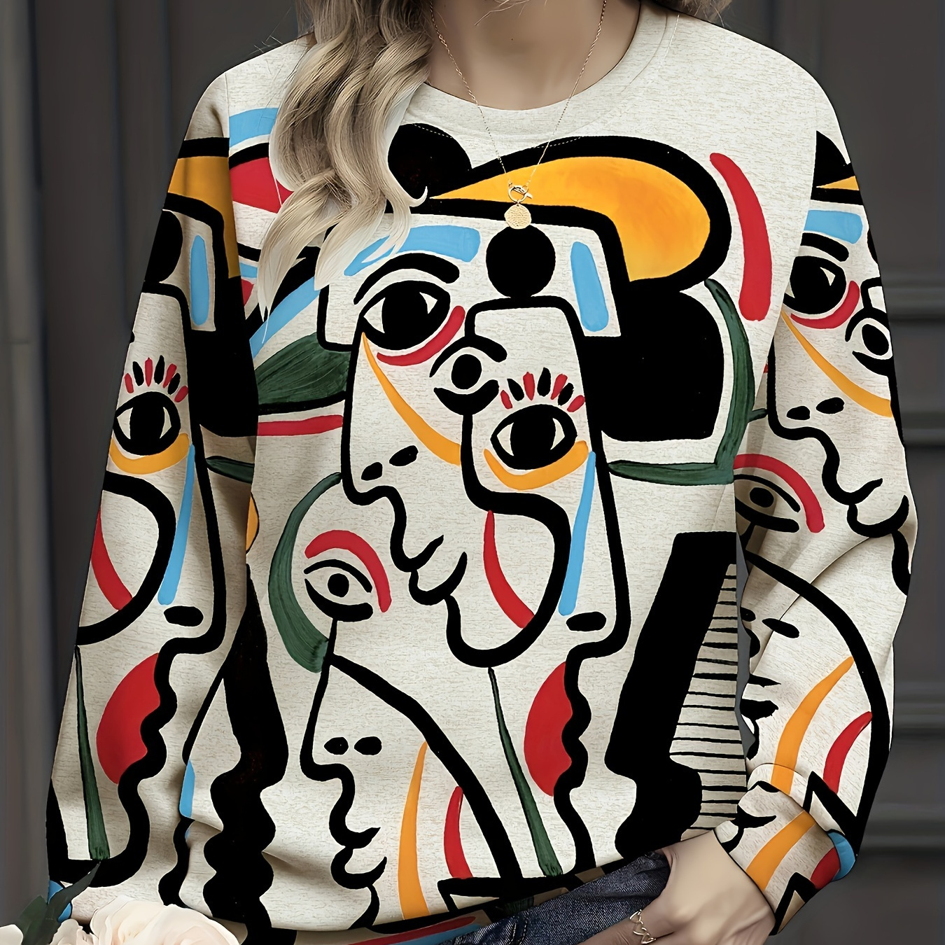 

Sweat-shirt à imprimé avec de couleurs, sweat-shirt décontracté à manches longues et col rond pour et l'hiver, vêtements pour femmes