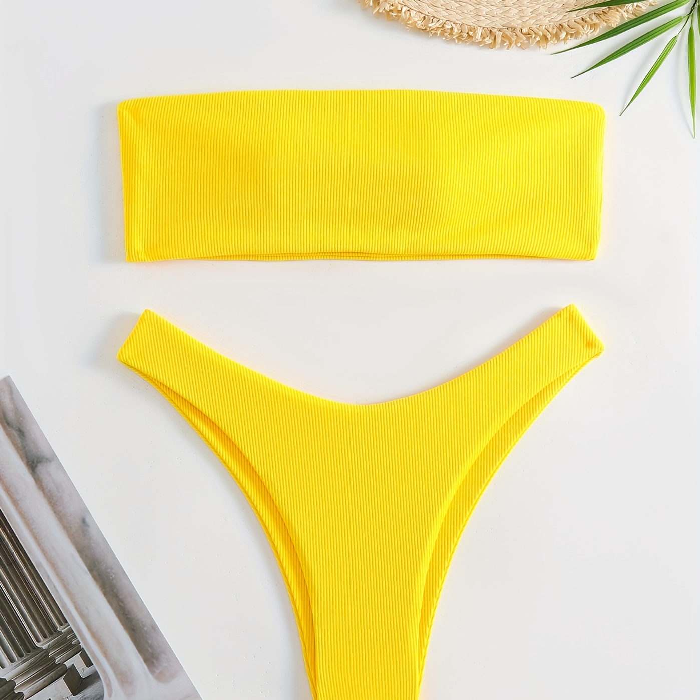 

Rib Knit Yellow Bandeau 2 Piece Set Bikini, High Cut Solid Color Stretchy Swimsuit For Beach Pool, Women's Swimwear & Clothing