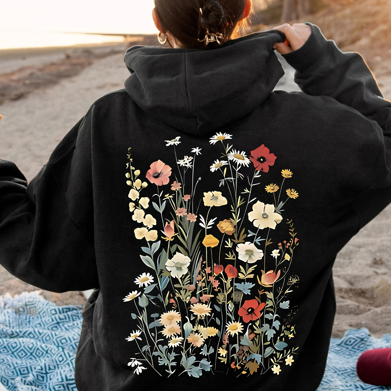 

Hoodie Décontracté à Imprimé Floral pour Femme - Polyester Confortable, Lavable en Machine, Pull à Cordon avec Poche