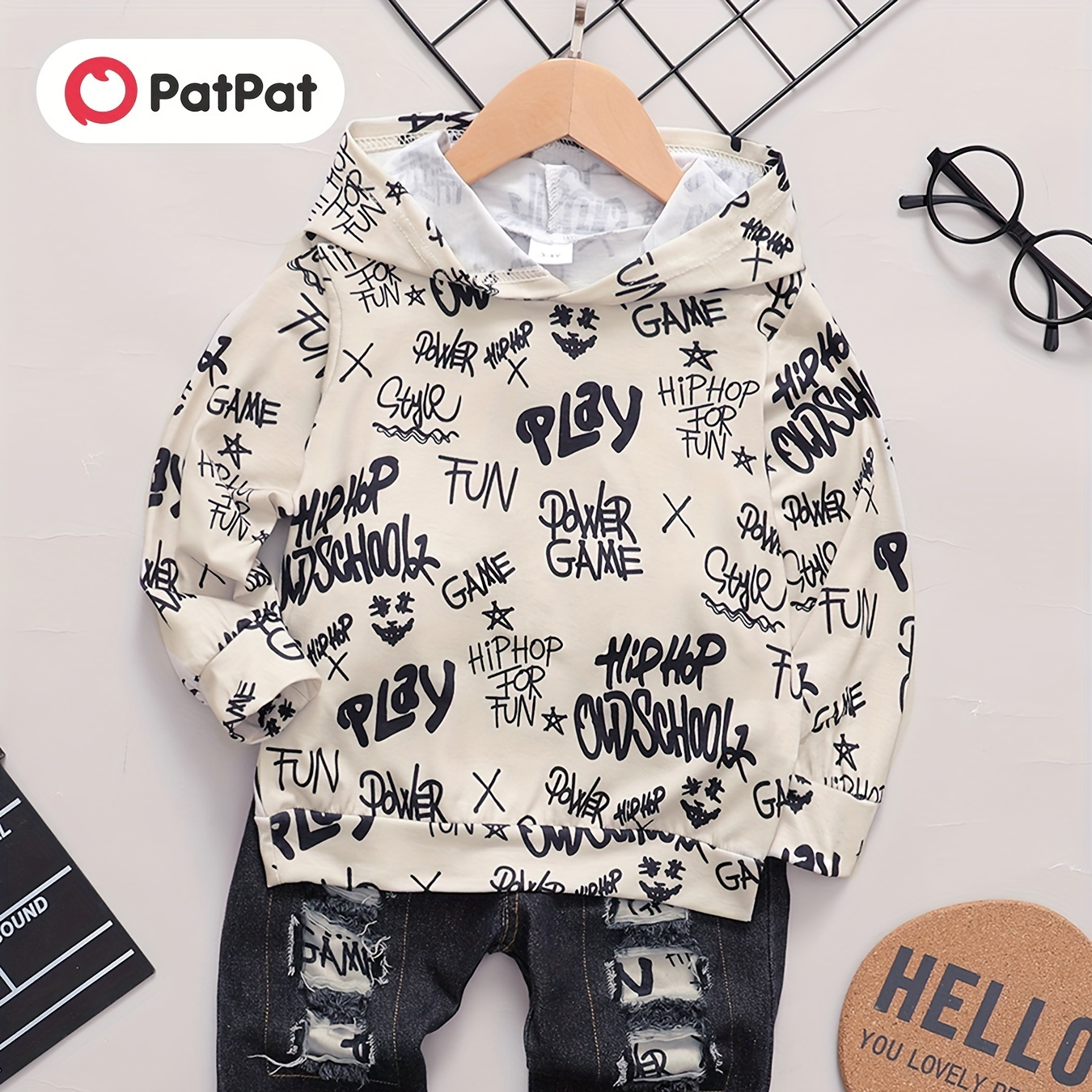 

Patpat 2pcs Toddler Boy Trendy Ripped Denim Jeans And Letter Print Hoodie Long-sleeve Sweatshirt Set For Spring & Autumn/fall