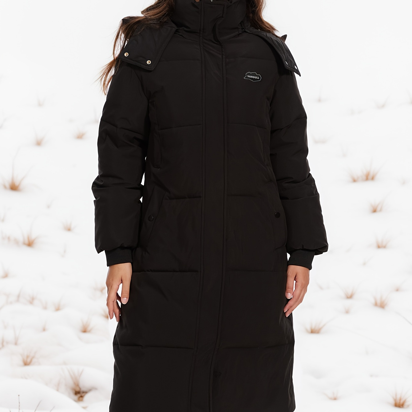 

Elegant Women's Hooded Winter Parka - Long Sleeve, Warm & Casual Outerwear With Belt Detail And Pockets