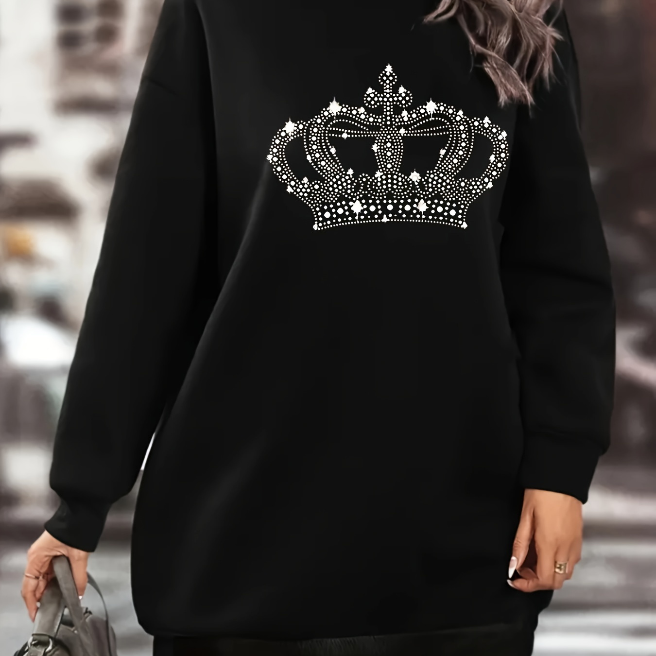 

Women's Casual Cartoon Crown Print Long Sleeve Midi Sweatshirt Dress, Polyester Knit Fabric, Crew Neck, Loose Fit, For All