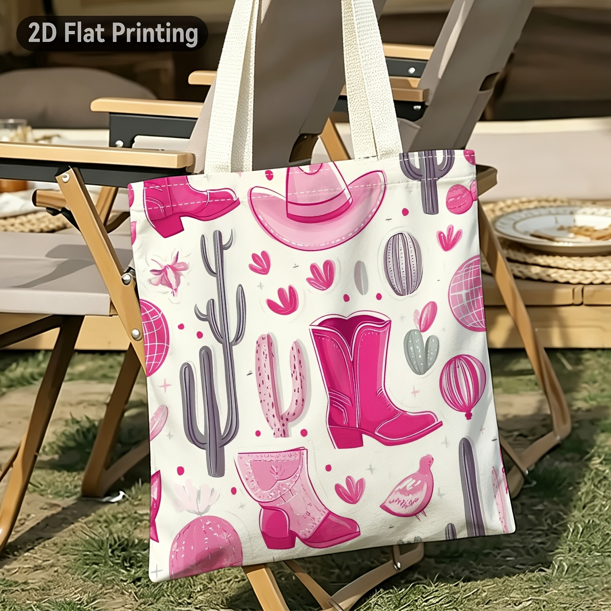 TEMU 1pc Women' Western Cowboy Tote Bag With Boots & Hat Print - Pink Suitable For Grocery Shopping, Picnic, Country Music Festivals, Casual Commute,