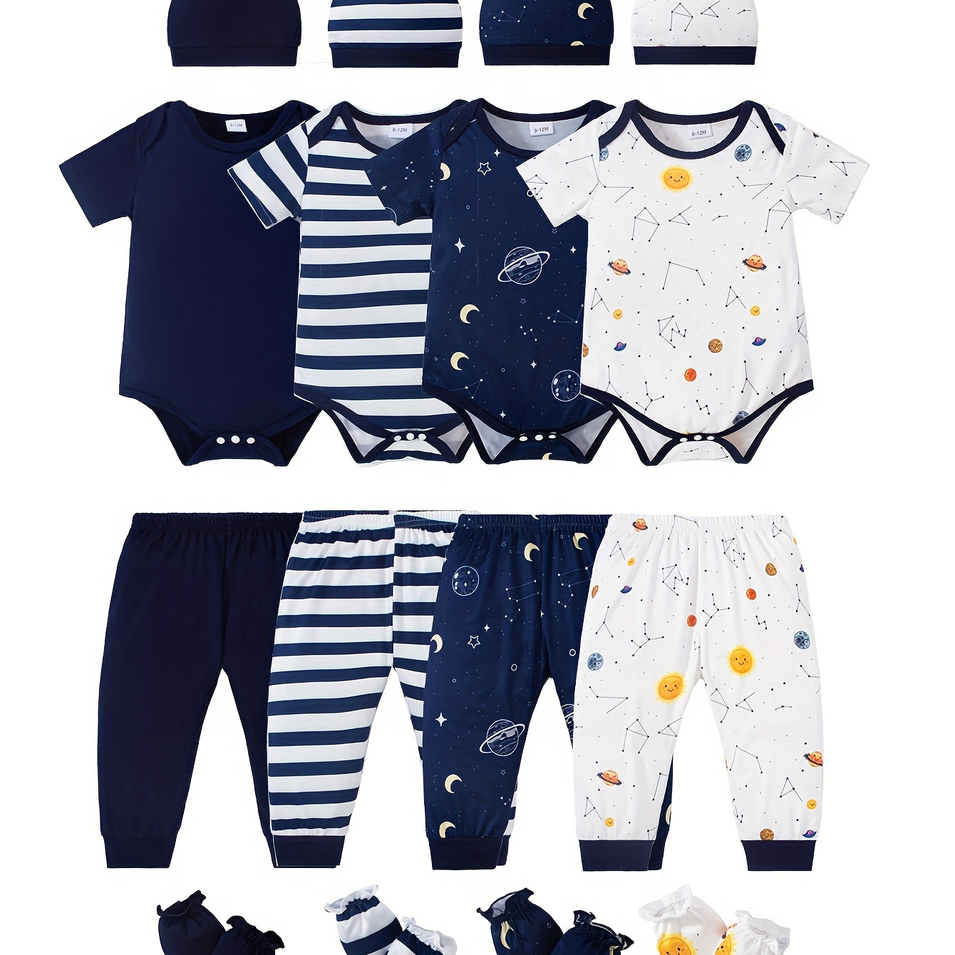

4 Sets Baby's Casual Set, Bodysuit & Hat & Mittens & Casual Shorts, Baby Boy's Clothing