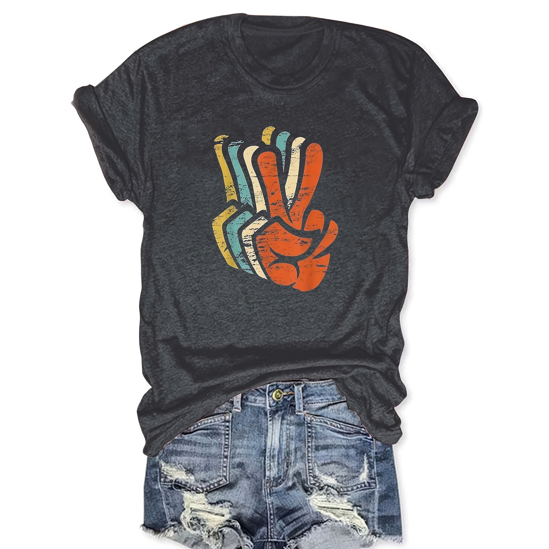 

Hand Gesture Print T-shirt, Short Sleeve Crew Neck Casual Top, Women's Clothing
