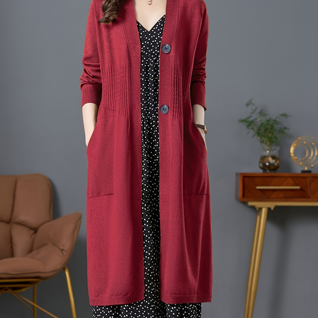 

Solid Button Front Duster Cardigan, Casual Long Sleeve Slant Pockets Midi Cardigan For Fall & Winter, Women's Clothing