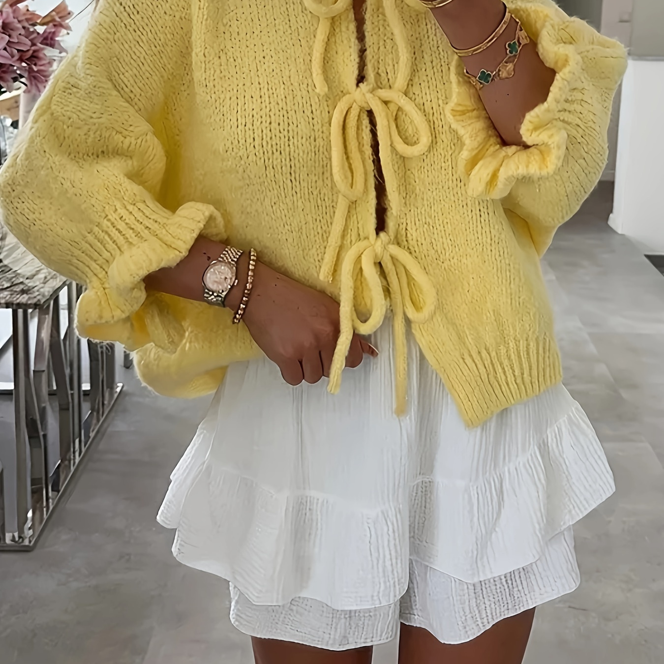 

1pc Women's Casual Crew Neck Knit Sweater With Lace-up Detail, 100% Polyester Solid Color Pullover For All , Autumn Winter, Yellow