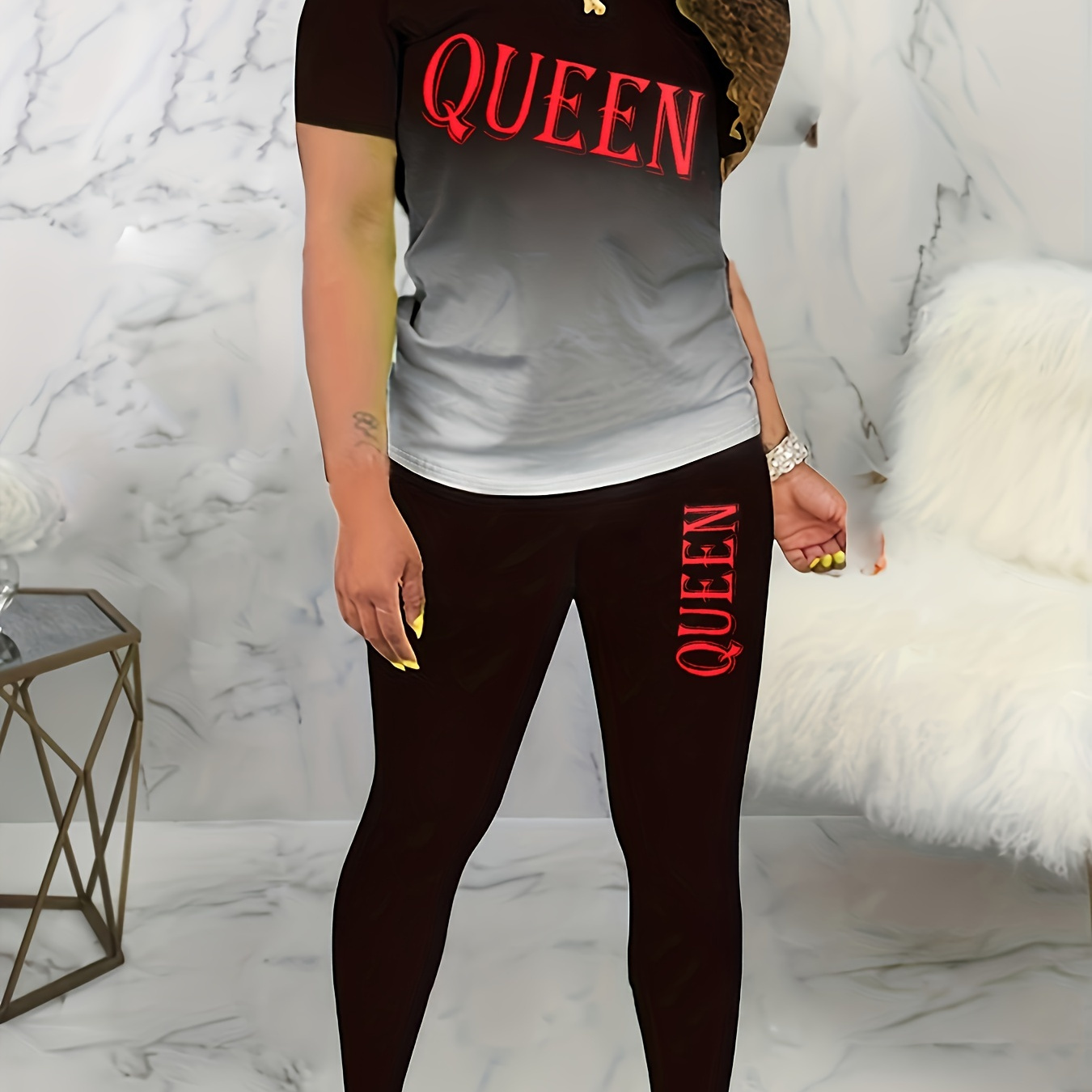 

Ensemble deux pièces décontracté, imprimé Queen, T-shirt à manches courtes, col rond et pantalon slim, vêtements pour femmes