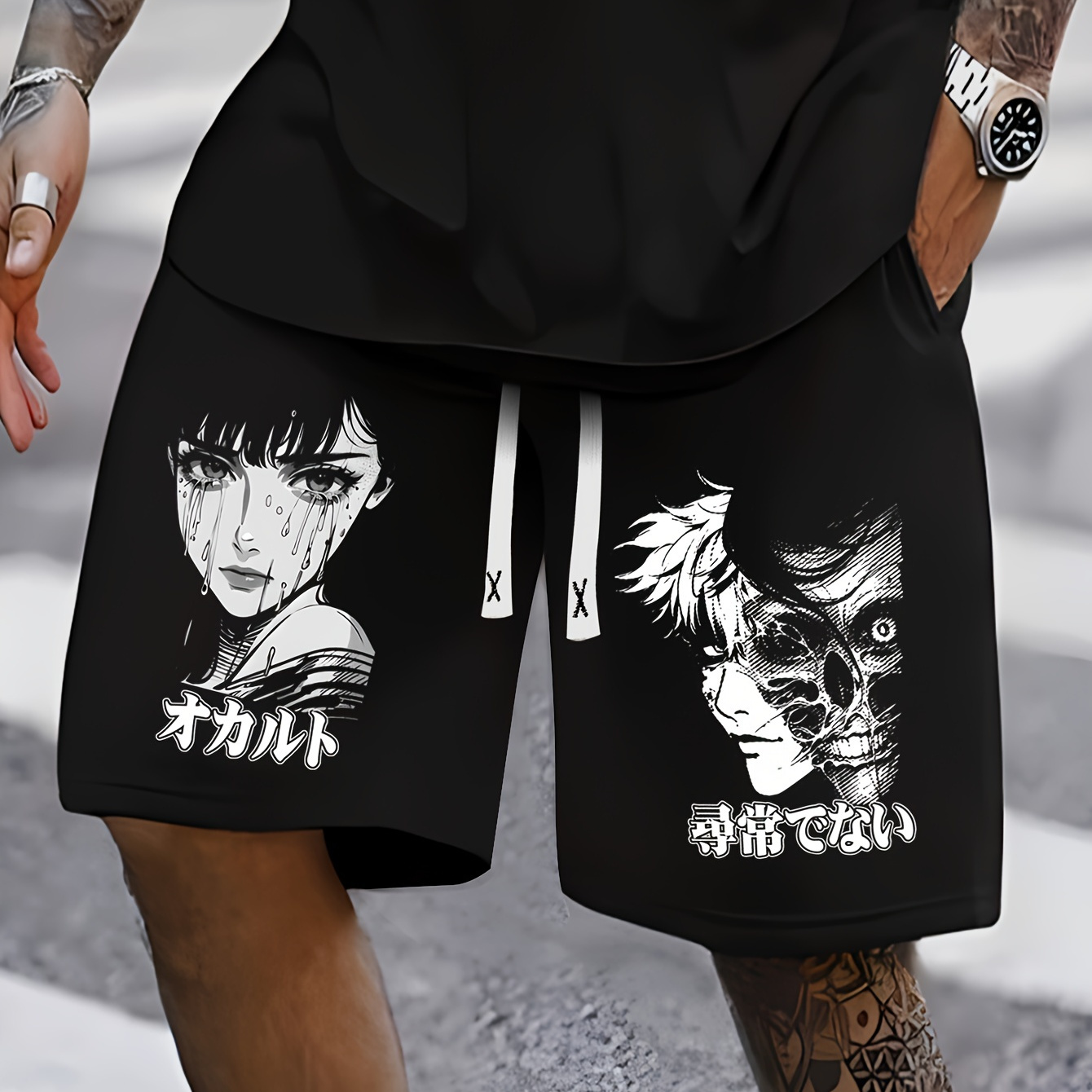 

Anime Girl & Skull Print, Men's Breathable Drawstring Pants, Loose Casual Waist Simple Style Comfy Shorts For Spring Summer Outdoor Fitness Cycling Climbing Mountain Holiday Daily Commute Dates