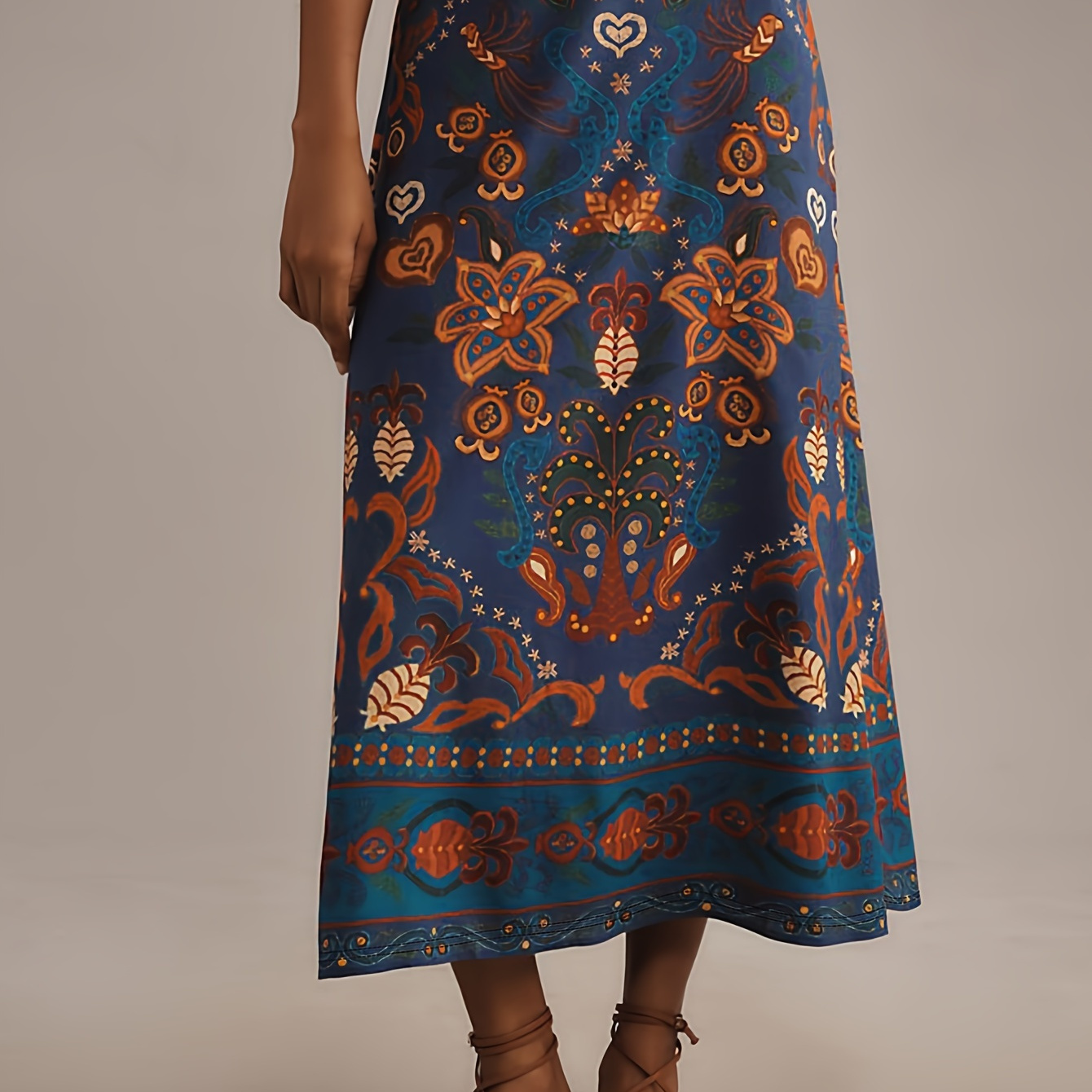 

1pc Vintage Tribal Pattern Printed Midi Skirt - Polyester Knit Fabric, Fall/winter Season, , Straight-cut Design