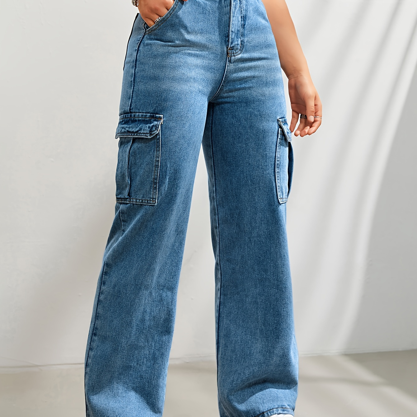 

Women's Casual Wide Leg Denim Cargo Pants, Fashion Plain Jeans With Side Pockets, High Waist And Relaxed Fit For Fall