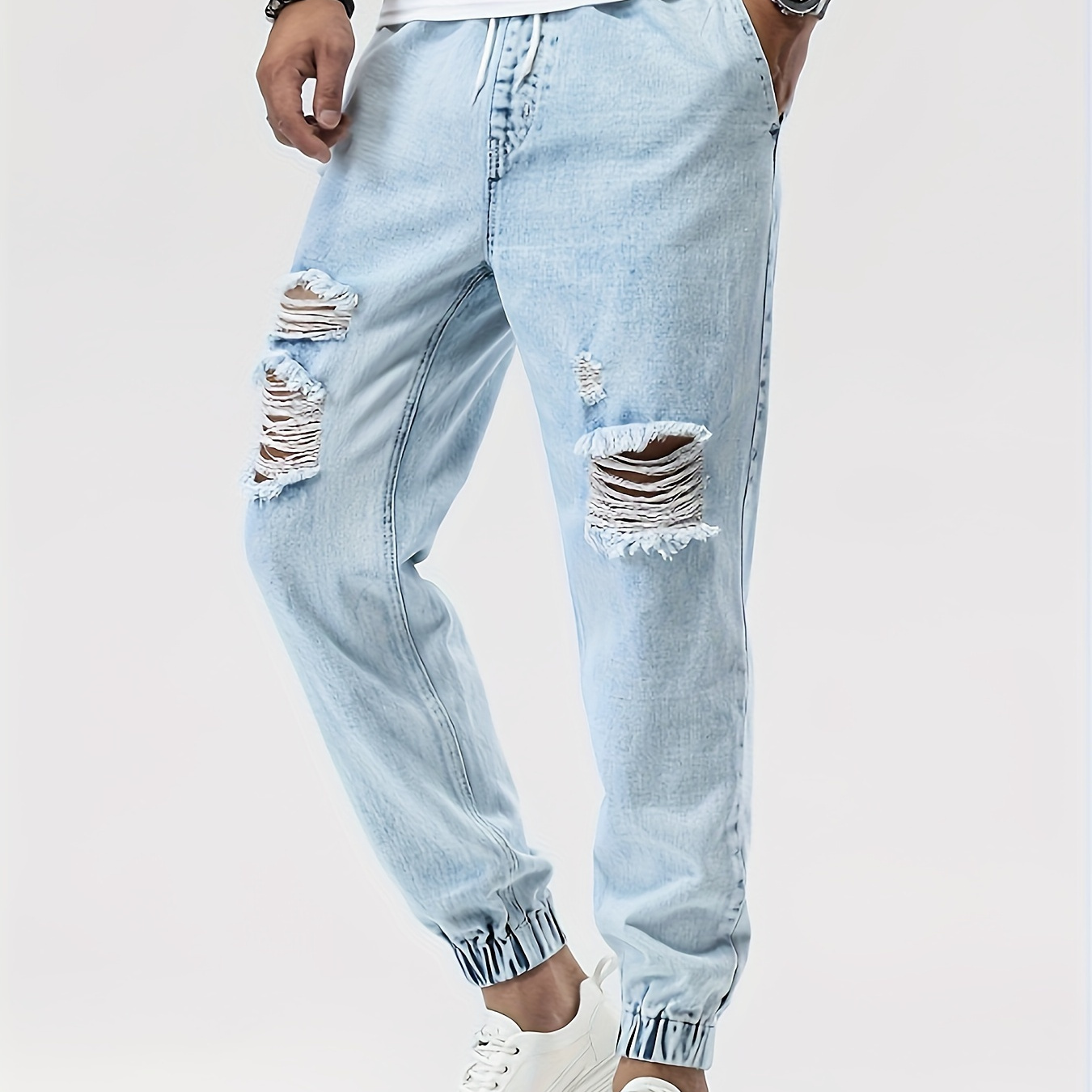 

Men's Light Wash Ripped Jeans With Drawstring Waist And Cuffed Ankles, Casual Style Denim Pants