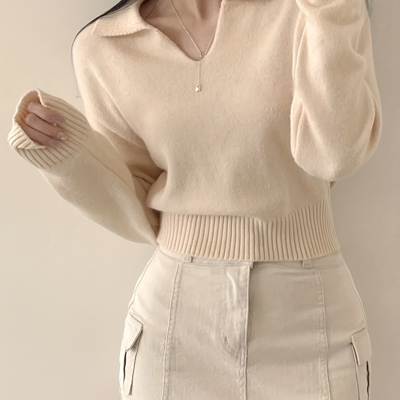 

Korean Version Of Japanese-style Sweater, Plain Color, , Waist-cinched, Turned-up Collar, Knitted Sweater, Small V-neck, Long-sleeved Knitted Sweater