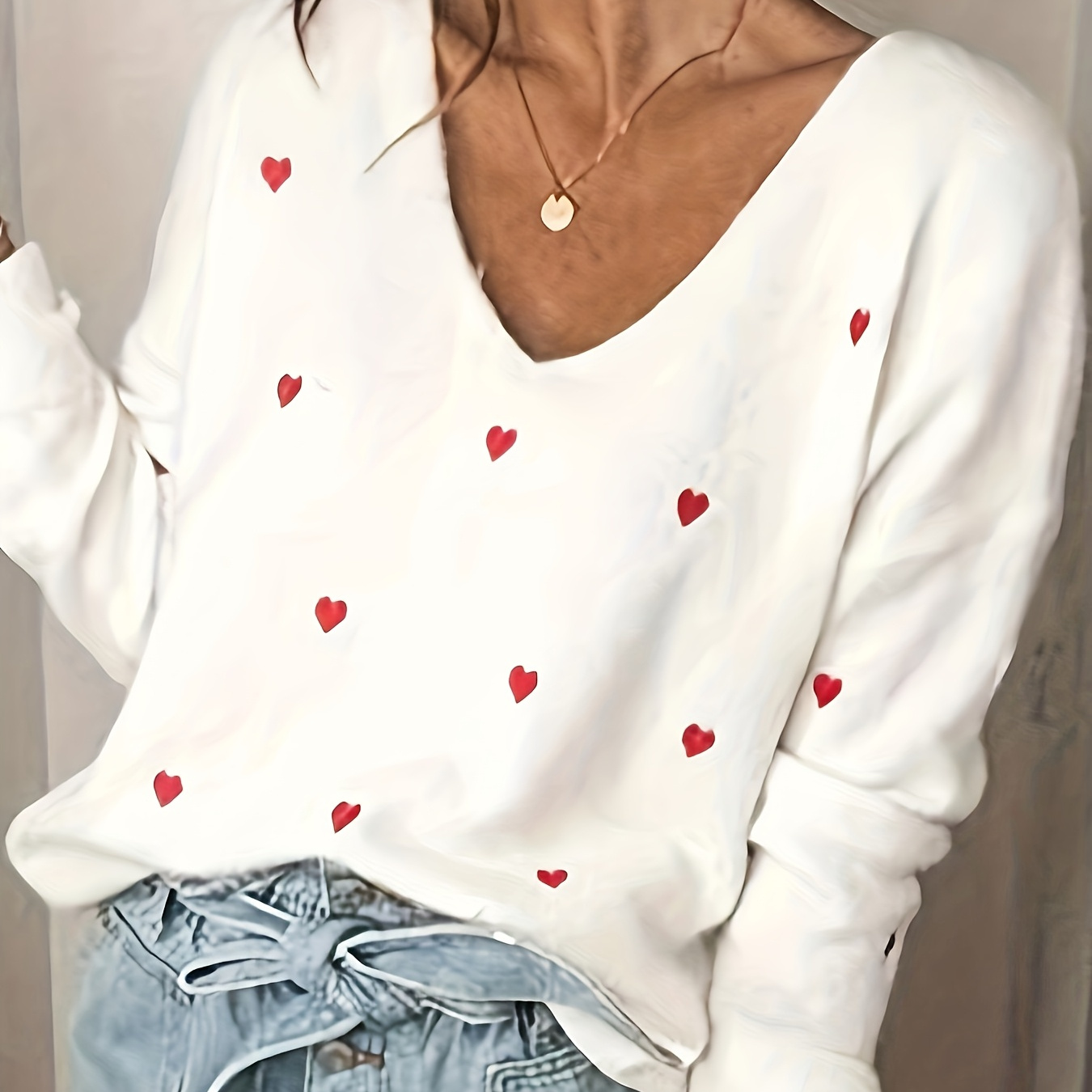 

Women's Elegant V-neck Sweater With Embroidered Hearts, Acrylic Knit Fabric, Loose Fit Pullover For Fall/winter, Fashionable Valentine's Day Heart Polka