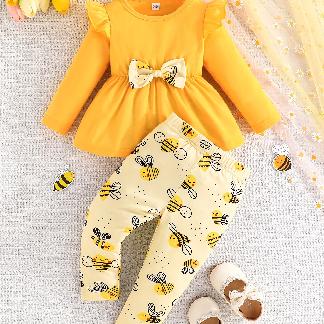 

2pcs 's Bow Decor Long Peplum Top + Bee Pattern Pants, Toddler & Infant Girl's Clothing Set