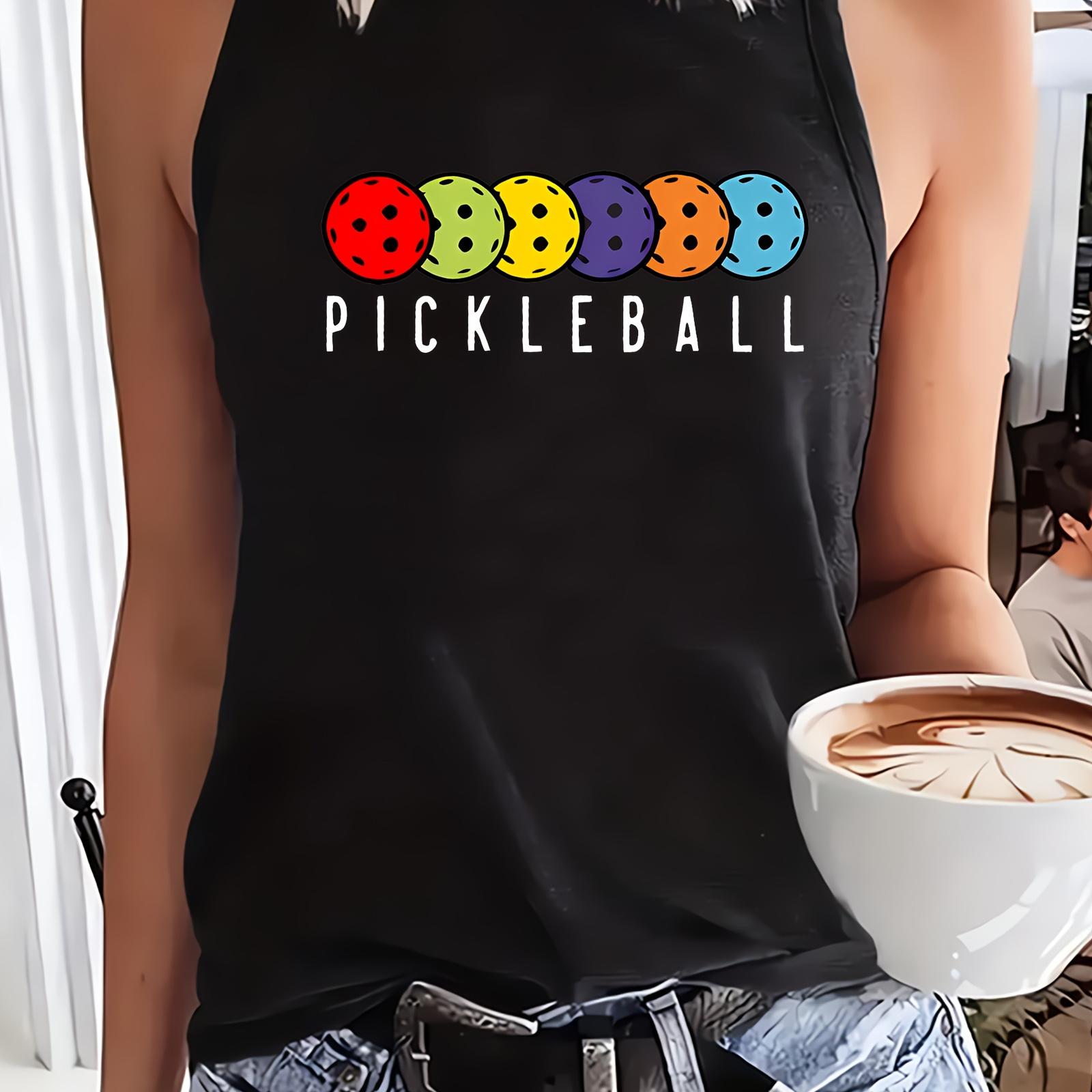 

Women's Polyester Pickleball Graphic Top, Casual Crew Neck Sleeveless Shirt, Knit Fabric With Geometric Pattern, 95% Polyester 5% Spandex, Medium Stretch, All Wear, Sleeveless Athletic