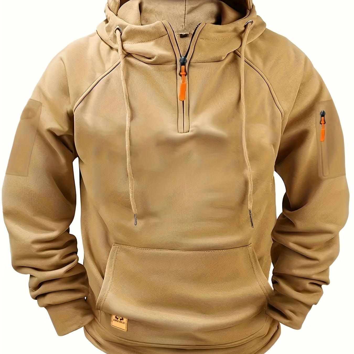 

( Obm) Men's Long Sleeve 1/4 Zip Hoodie With Shoulder Patches And Multiple Pockets, 100% Polyester Sports Hoodie, Slightly Solid Color Regular Top, Suitable For Spring And Autumn Outdoor Fashion