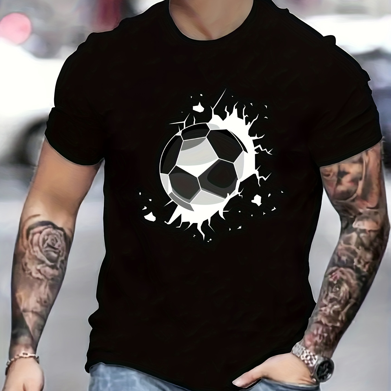 

Crew Neck Soccer Print Men's Fashionable Summer Short Sleeve Sports T-shirt, Comfortable And Versatile